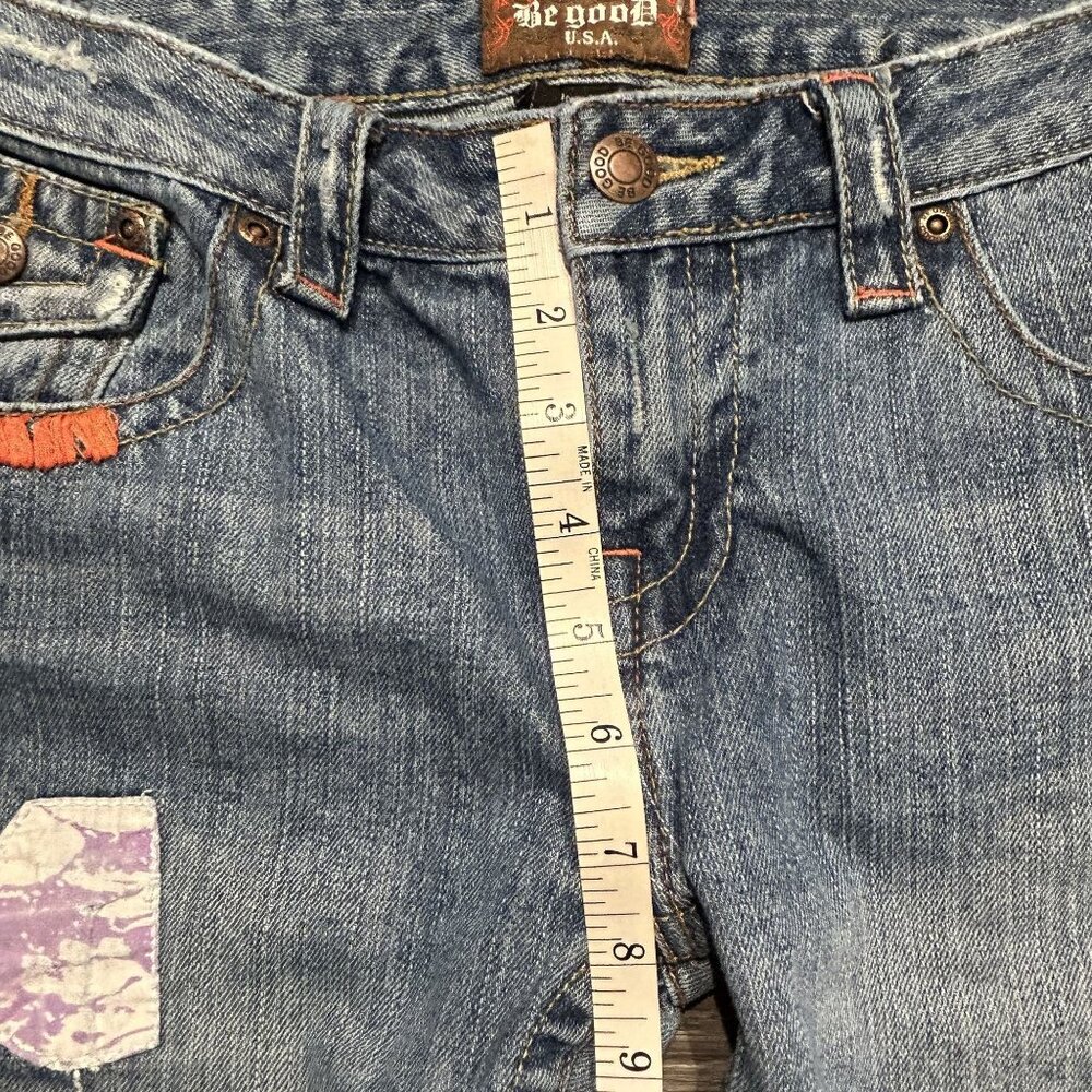 Be Good Size Large Patchwork Embroidered Denim Distressed Flare Jeans Y2K 00s - Picture 7 of 13
